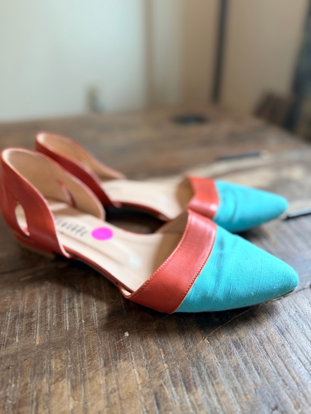 TEAL JUTE D'ORSAY BALLET FLATS WITH CORAL LEATHER DETAILS